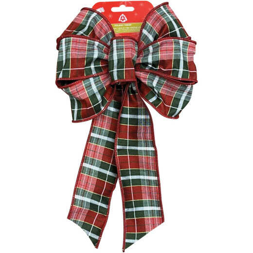 Holiday Trims 7-Loop 8.5 In. W. x 14 In. L. Red/Green/White Plaid Christmas Bow with Gold Highlights